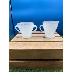 Vintage Anchor Hocking Fire King Milk Glass Sugar Dish andCreamer Set